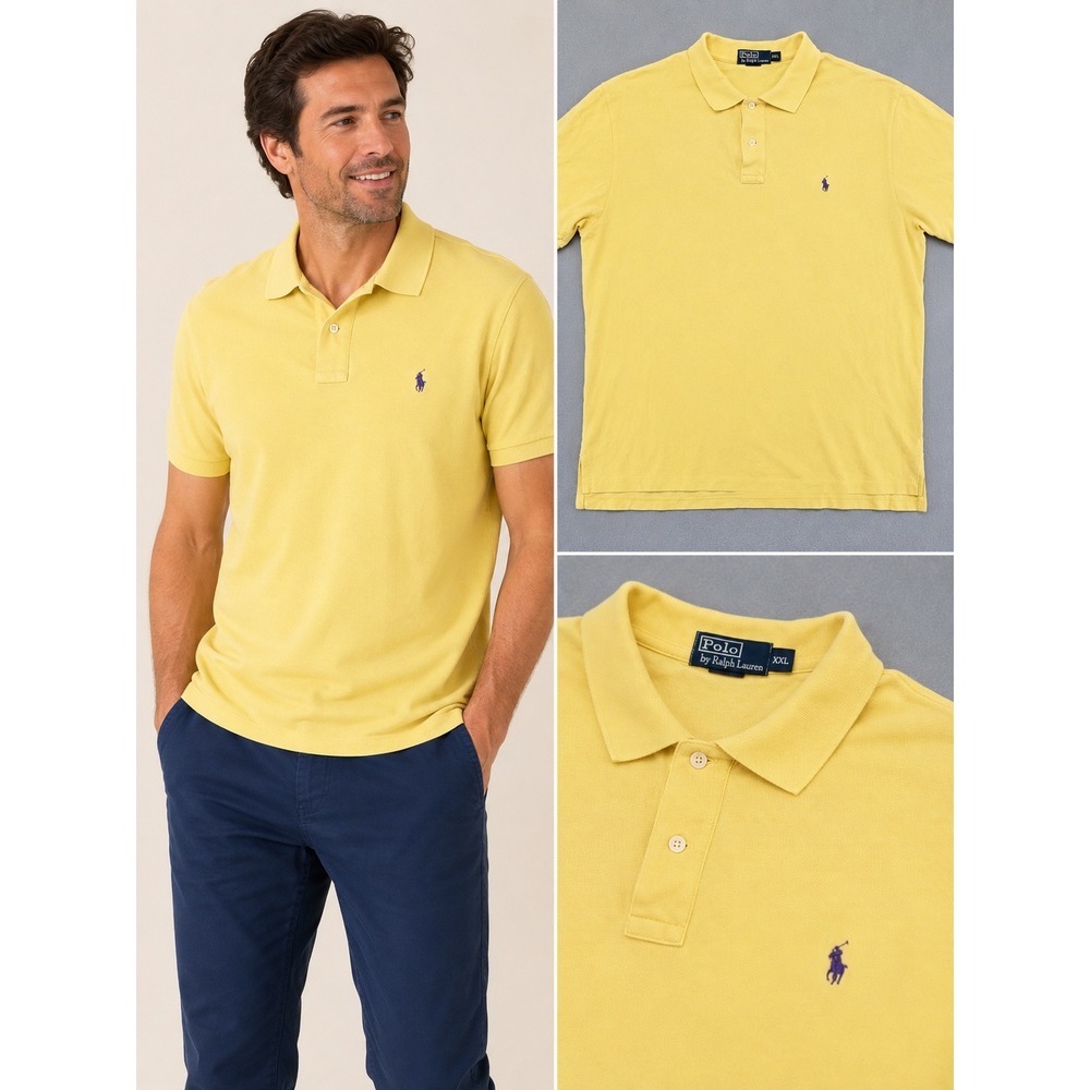 Vintage Polo Ralph Lauren Yellow Pique Cotton Polo Shirt XXL Purple Pony 90s EUC